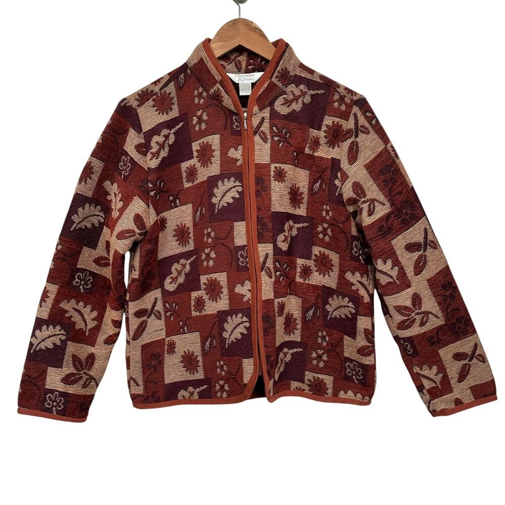 Christopher & Banks Red Beige Fall Floral Patchwork Tapestry Zip Jacket Size L